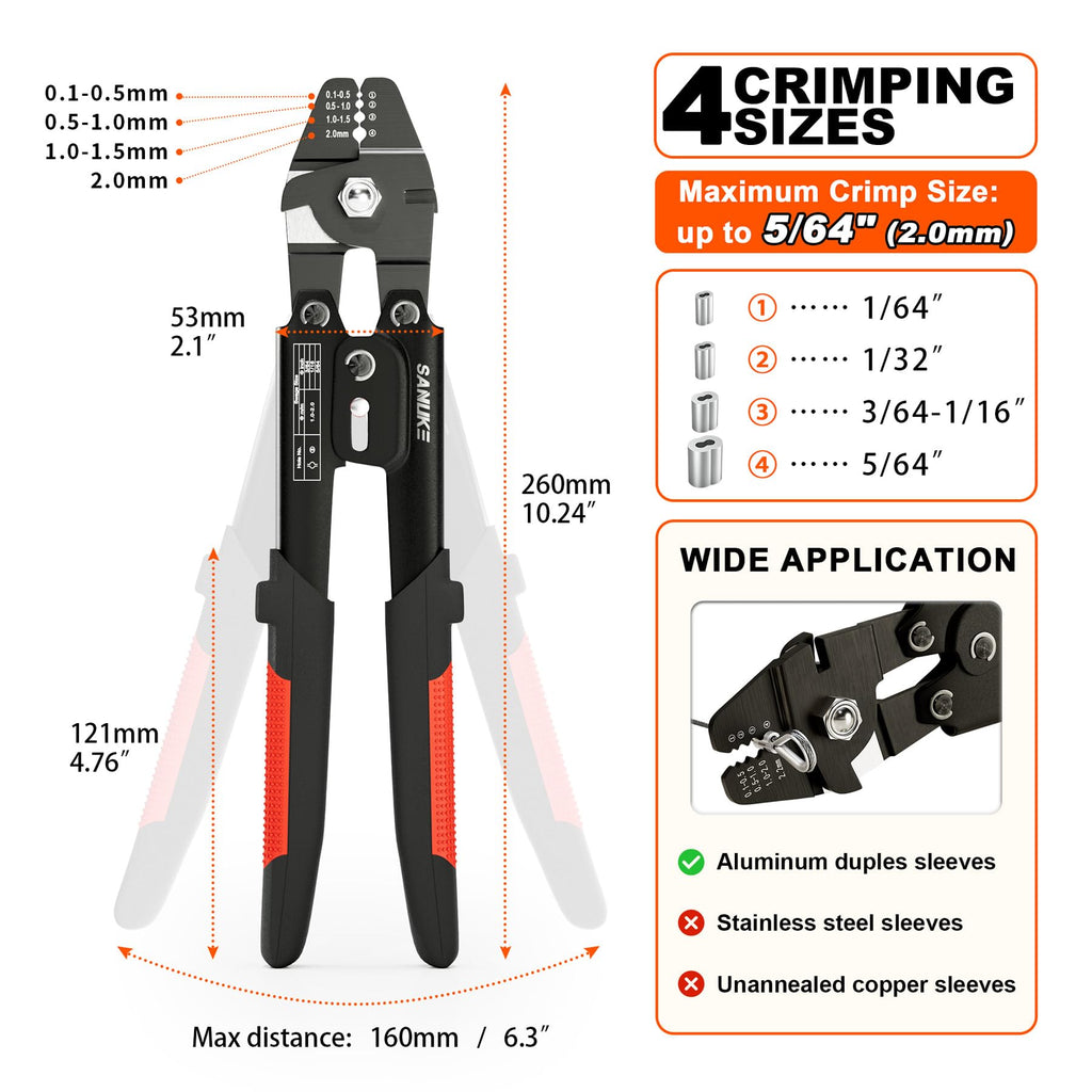 Sanuke Wire Rope Crimping Tool for Aluminum Crimping Loop Sleeves up to 2.0mm, Swager Tool for 3/64 1/16 5/64 inch Stainless Steel Cable Crimper