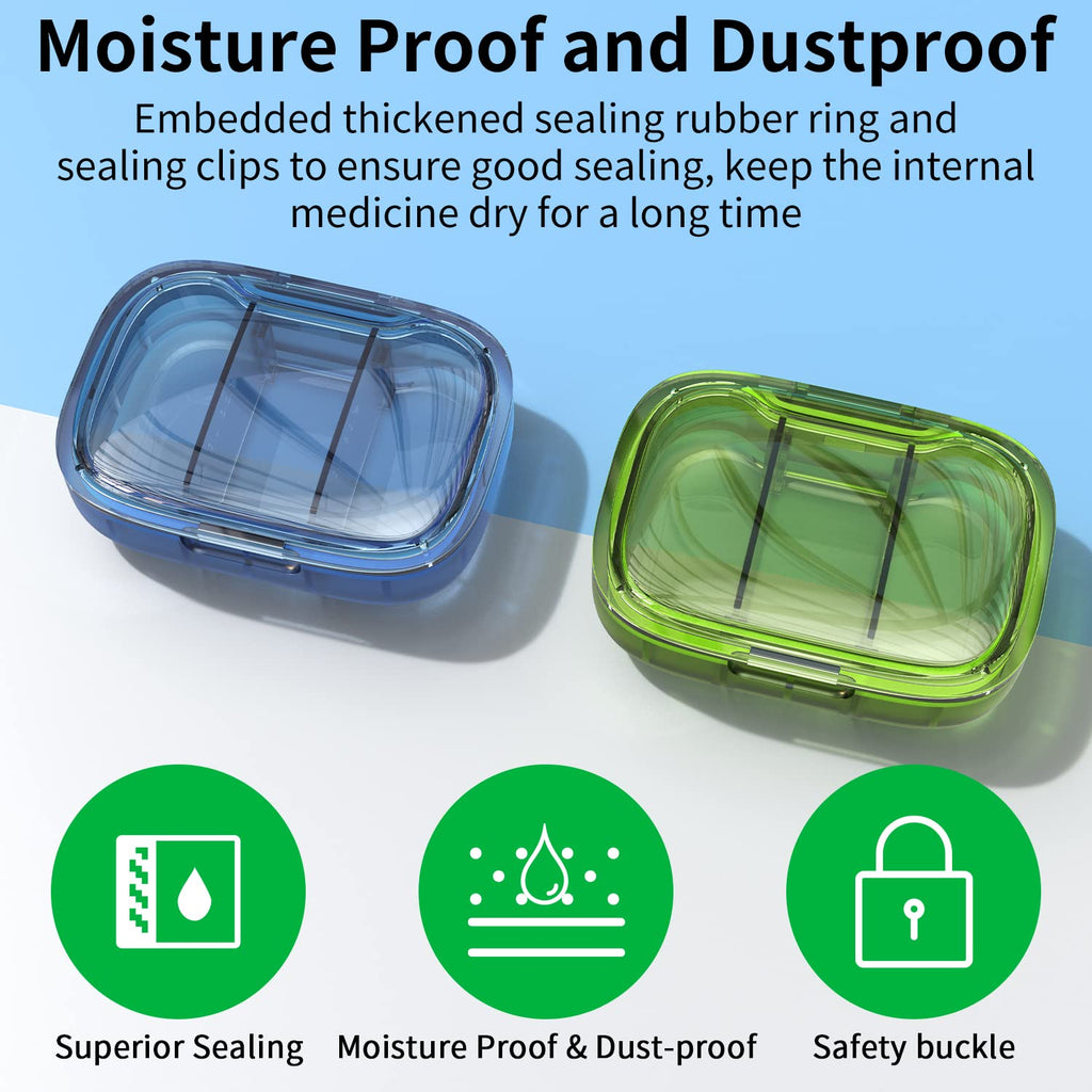 2 Pack 3 Compartment Small Pill Box, Moisture Proof Case, Travel Organizer for Pocket Purse, Daily Portable Medicine Vitamin Container, Fish Oil and Supplement Storage