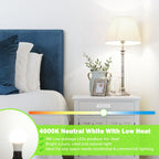 Maylaywood A19 LED Light Bulb, 60 Watt Equivalent, 4000K Neutral White, 900LM, E26 Base, Dimmable, 9W Bright White, 4-Pack