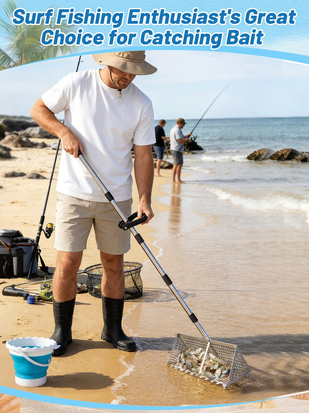 69in Effortless Sand Flea Rake Kit - Anti-Rust Stainless Steel Shark Tooth Sifter with The Narrow Shovel, Mesh Sand Scoop & Bucket, Sands Sifter Shelling Tools for Beach Metal Detecting Beachcombing