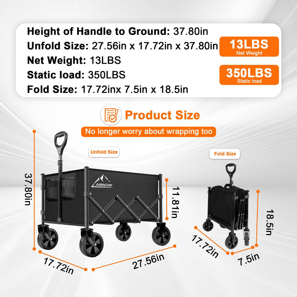 AMNOW 100L Collapsible Wagon Cart with All Terrain Wheels, 350LBS, Black