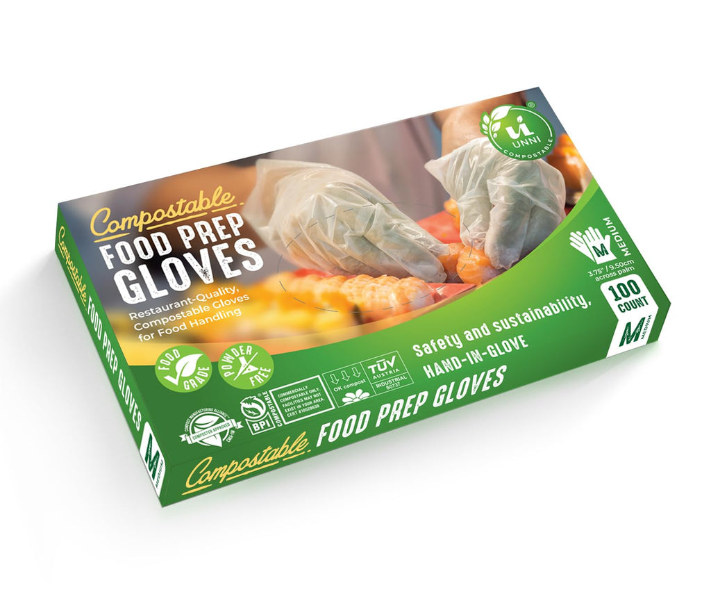 UNNI Compostable Food Prep Gloves, Medium, 500 Count, Powder-Free, For Food Handling & Cleaning, ASTM D6400, BPI Certified