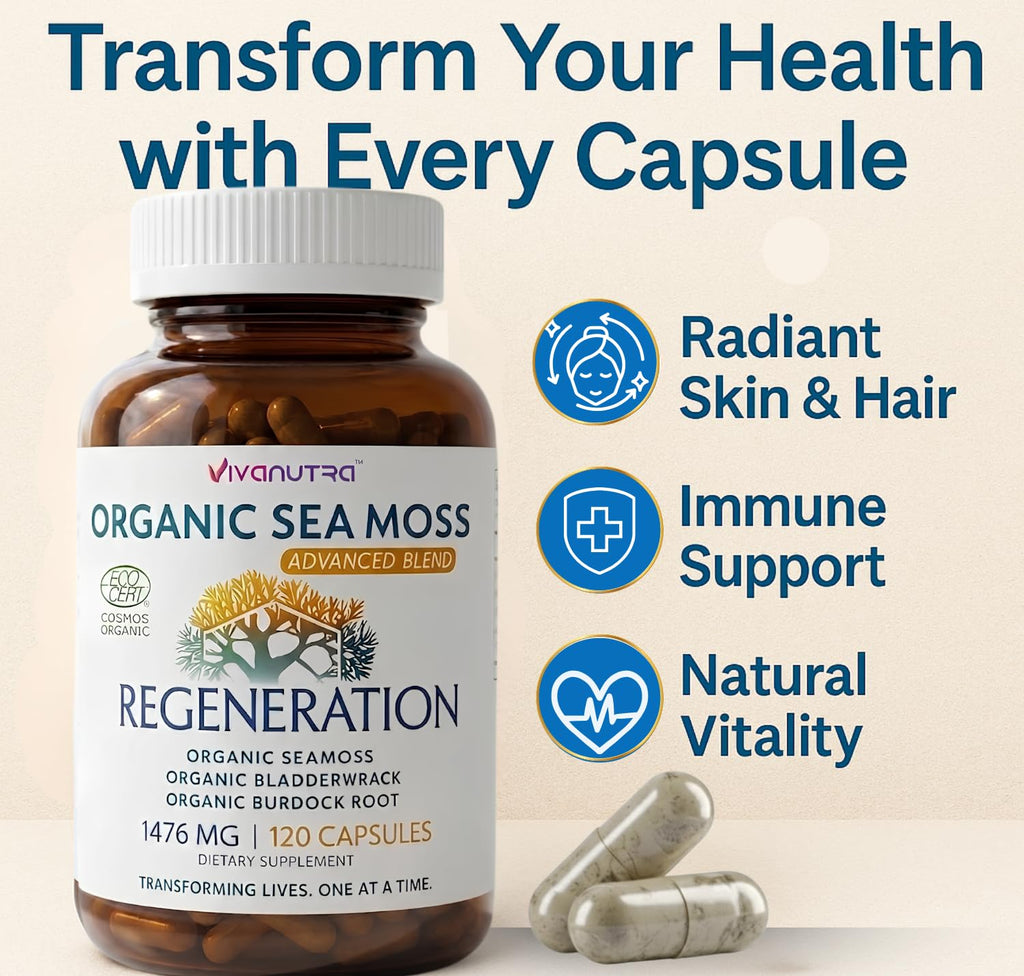 VIVANUTRA Organic Wildcrafted Sea Moss Capsules, 1476mg, Nova Scotia, 120ct