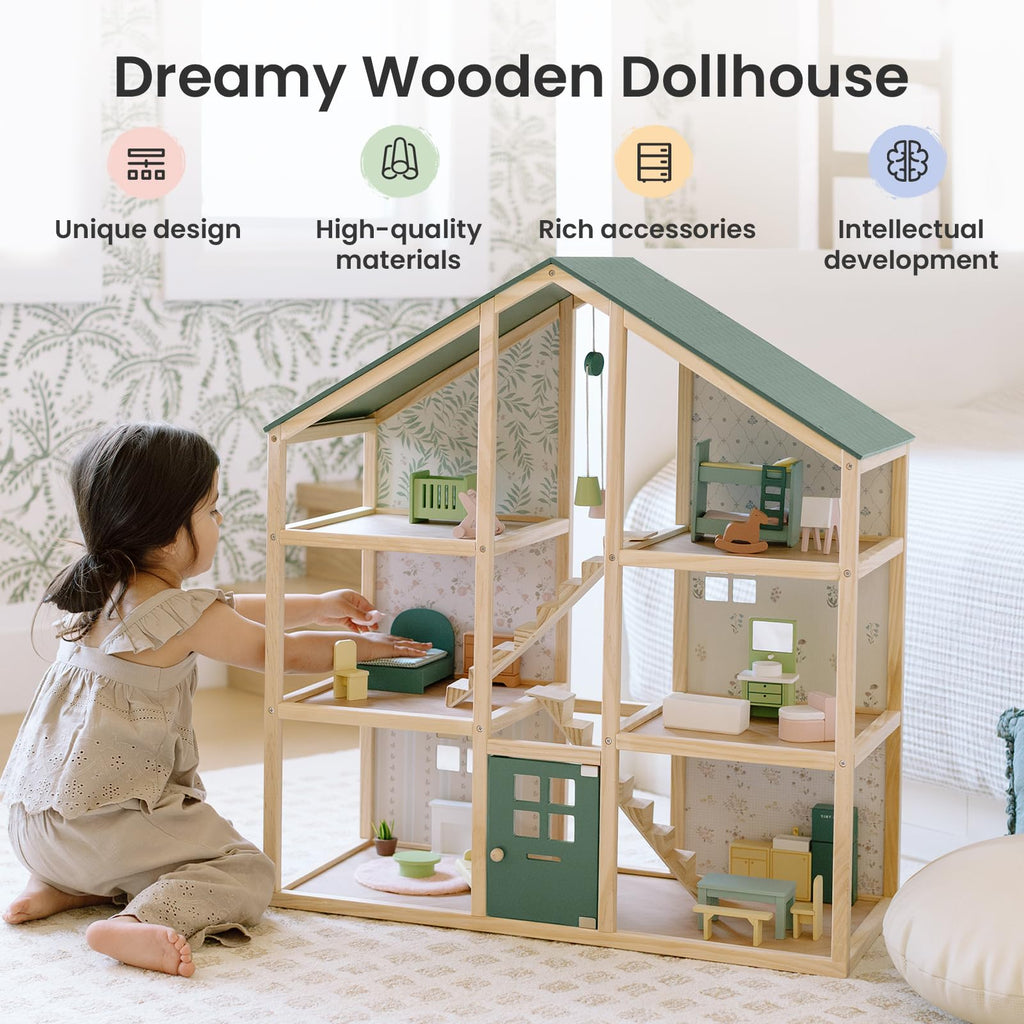 Tiny Land Wooden Dollhouse for Girls - 6 Rooms Wooden Doll House, DIY Pretend Doll House with 31Pcs Furniture Accessories, Creative Gift for Girl Ages 3+, Green