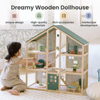 Tiny Land Wooden Dollhouse for Girls - 6 Rooms Wooden Doll House, DIY Pretend Doll House with 31Pcs Furniture Accessories, Creative Gift for Girl Ages 3+, Green