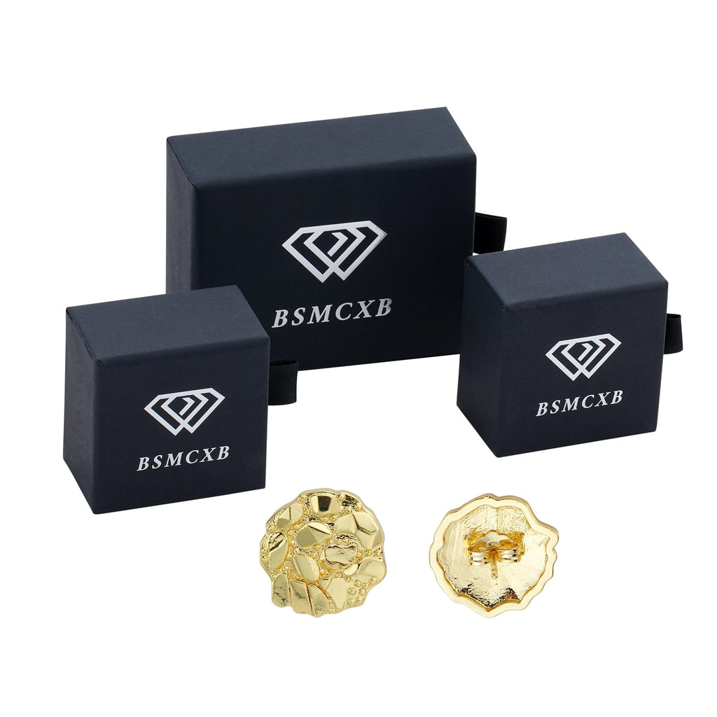 14k Gold Round Rough Textured Cookie Nugget Stud Earrings For Men/Women Unisex (XXXL(18mm))
