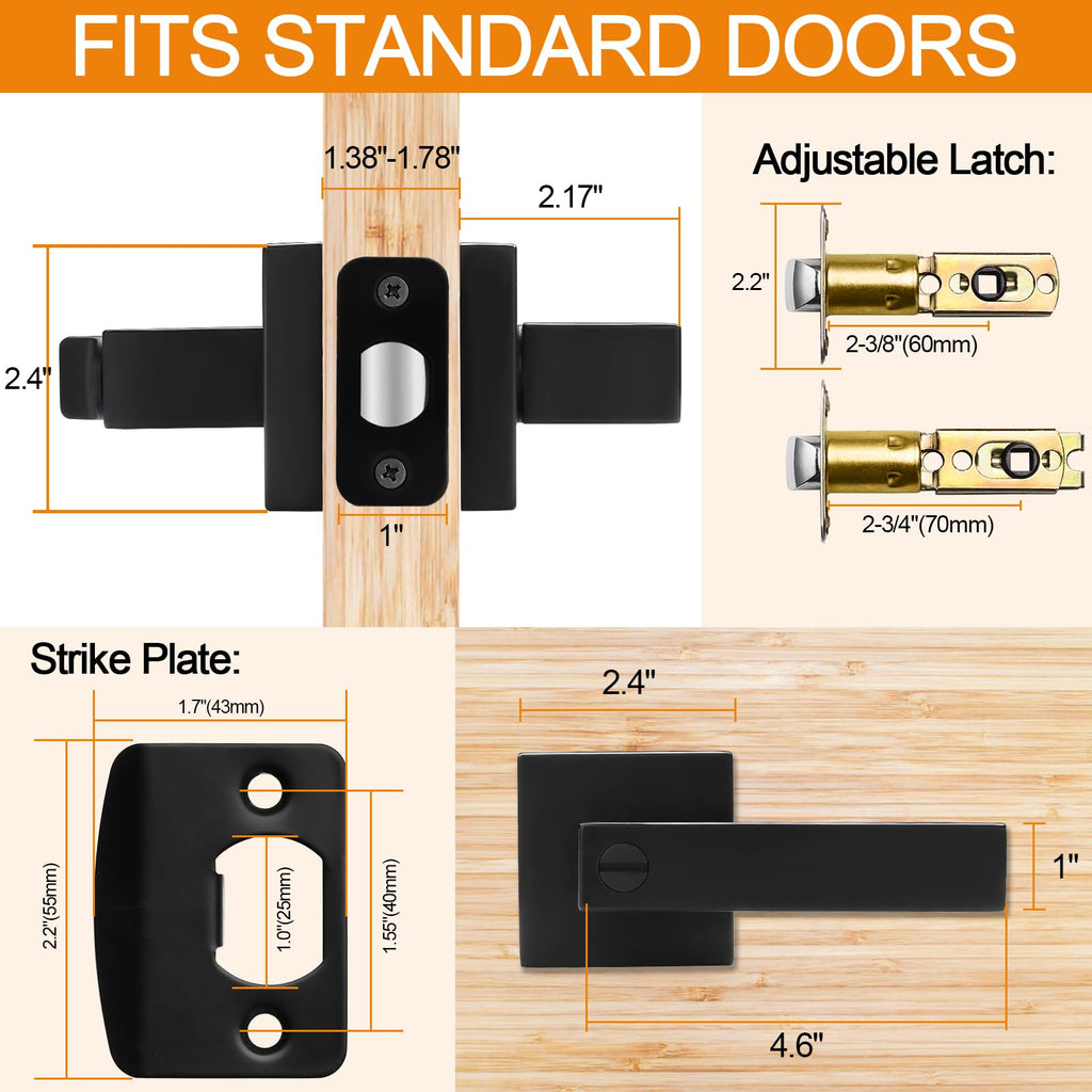 Sopoby 6 Pack Matte Black Door Handles Privacy Door Levers, Keyless Interior Door Knobs Square Door Levers Heavy Duty Door Locks for Bedroom Bathroom, Reversible Flat Levers
