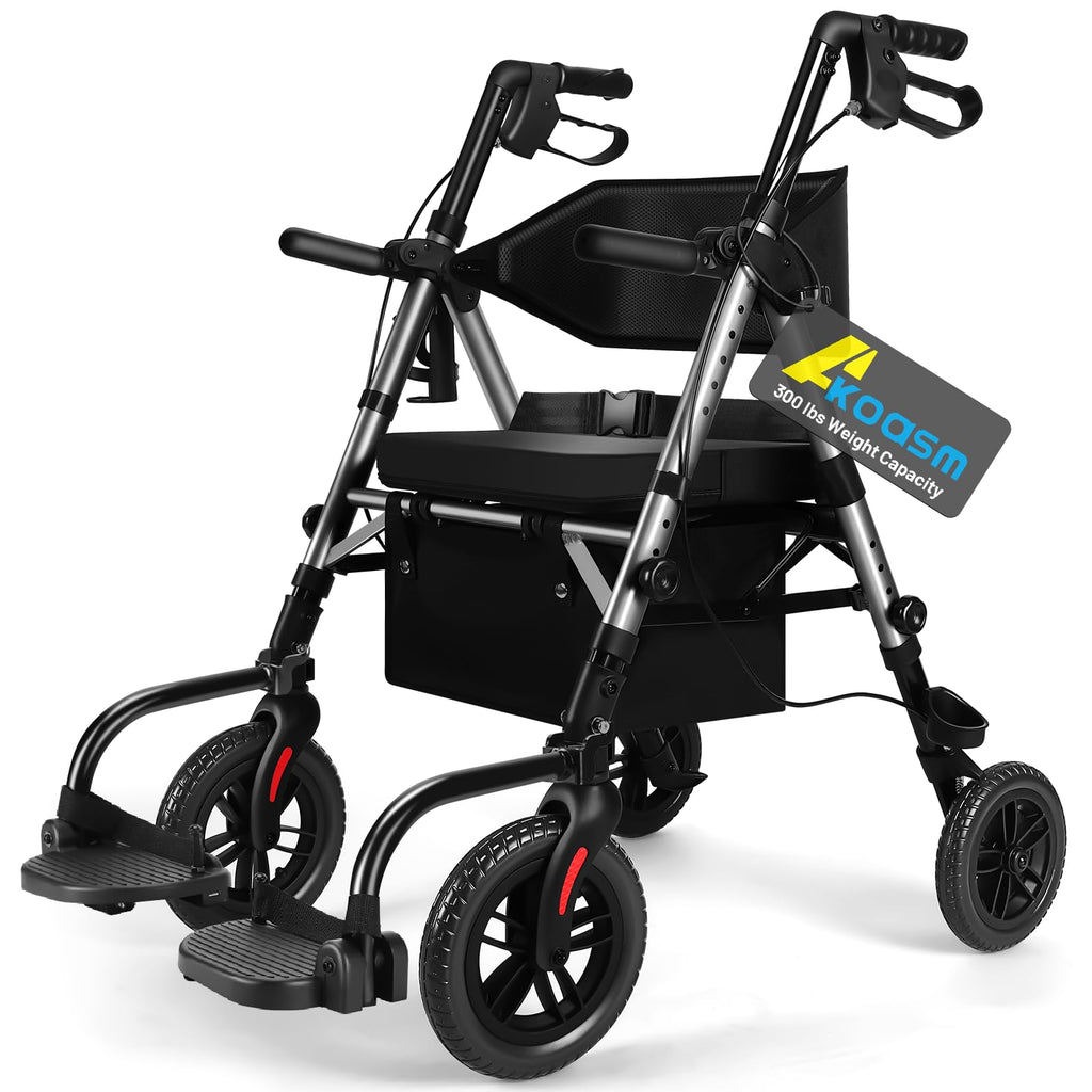 Foldable Rollator Walker for Seniors with Seat, Lightweight 2 in 1 Rolling Walkers Wheelchair Combo for Adult, Transport Chair with Brakes, Adjustable Seat and Handle, 300 Lb, Steel Grey