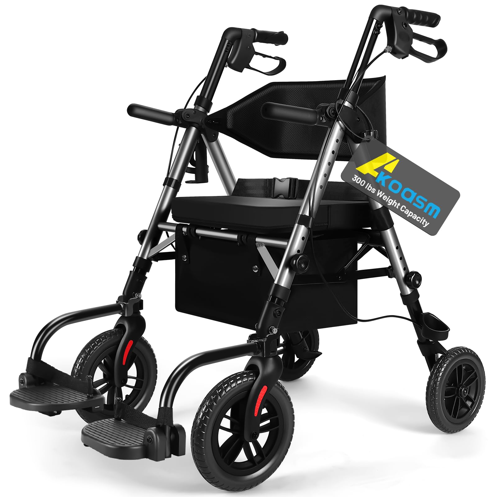 Foldable Rollator Walker for Seniors with Seat, Lightweight 2 in 1 Rolling Walkers Wheelchair Combo for Adult, Transport Chair with Brakes, Adjustable Seat and Handle, 300 Lb, Steel Grey