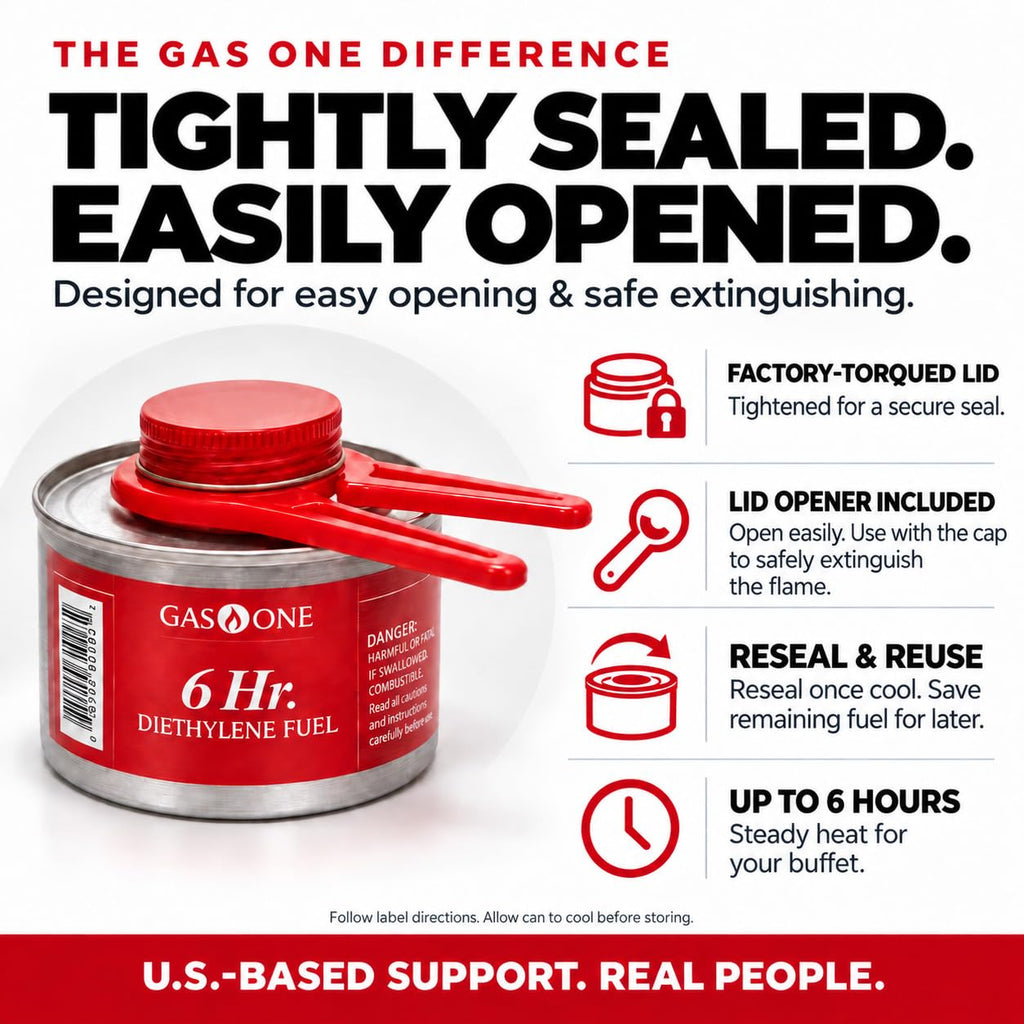 Gas One 12 Pack 6 Hour Chafing Fuel - Food Warmer for Chafing Dish Buffet Set - Reusable Liquid Safe Fuel With Wick & Lid Opener