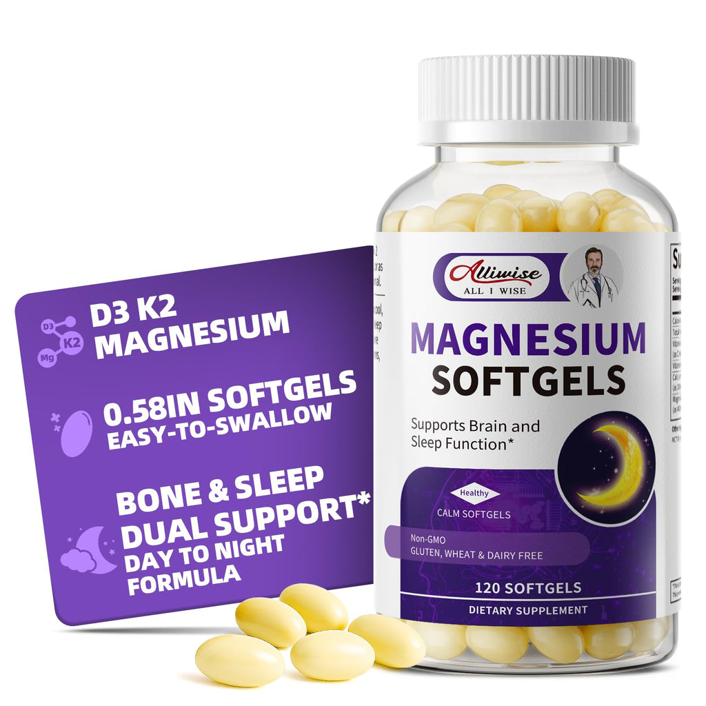 Magnesium Glycinate 400mg Softgels, Small Easy to Swallow High Absorption Magnesium Supplement, with Vitamin D3 & K2 for Sleep Relax Calm Muscle Bone* Health, 120 Gelcaps