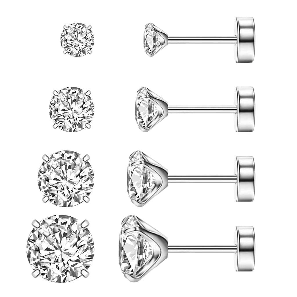 XUU 20G Titanium Flat Back Earrings 3-6mm 4 Pair Set for Sensitive Ears