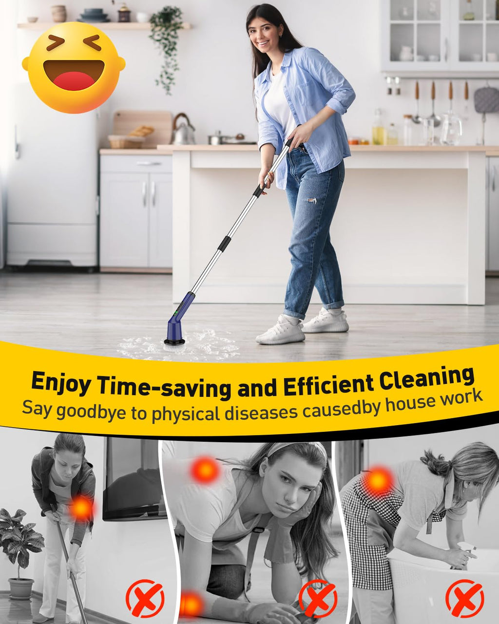 Electric Spin Scrubber for Cleaning Bathroom, Shower Scrubber Cordless Cleaning Brush with IPX7 Waterproof & 2 Speed, 3 Brush Heads, Bathroom Cleaning Supplies for Shower Tub Kitchen Tile Toilet Navy