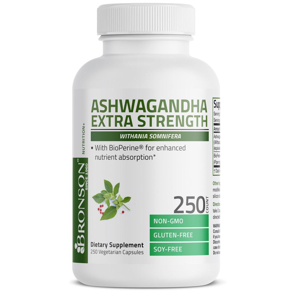 Bronson Ashwagandha Extra Strength Stress & Mood Support with BioPerine - Non GMO Formula, 250 Vegetarian Capsules