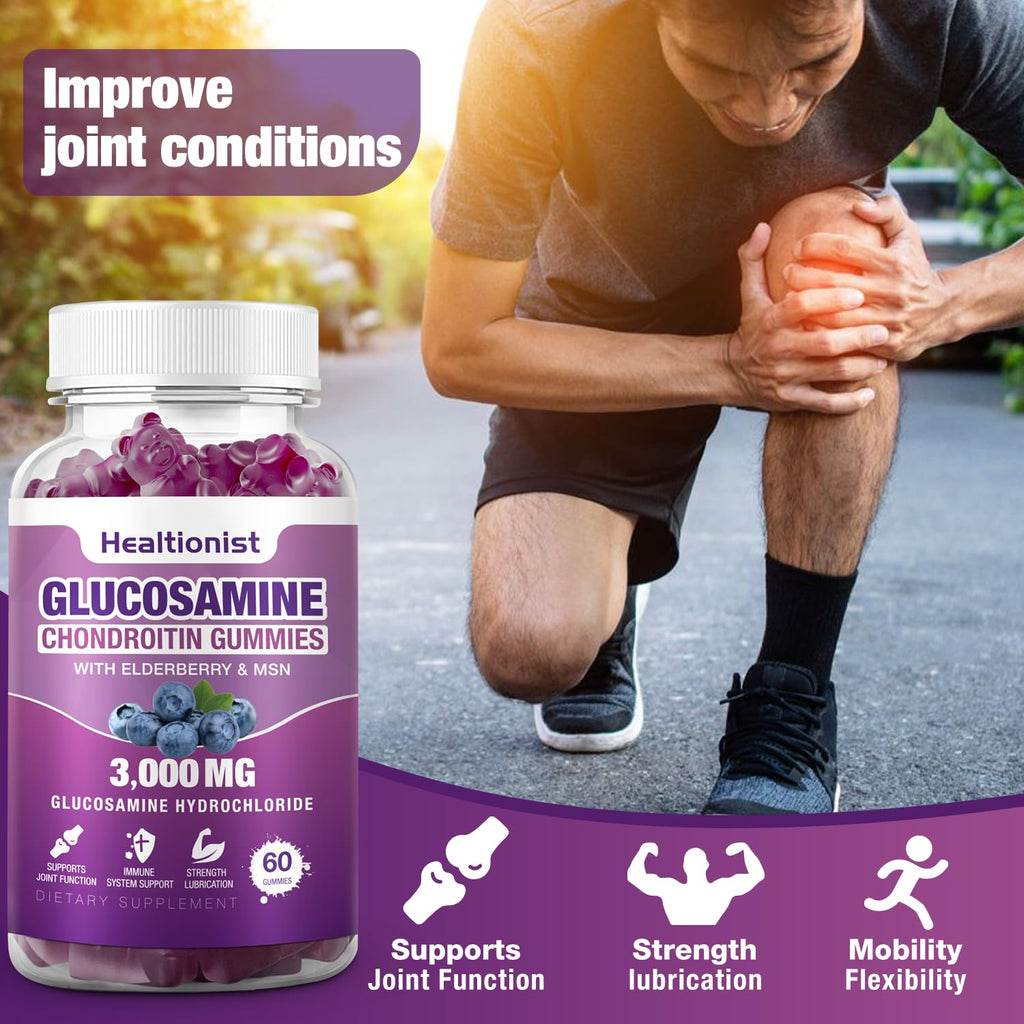 Healtionist 2 Packs 3000mg Glucosamine Chondroitin Gummies with MSM & Elderberry - Extra Strength Joint Health, Flexibility, Antioxidant Immune Support Supplement Gummy for Adults, Men & Women 120 Cts