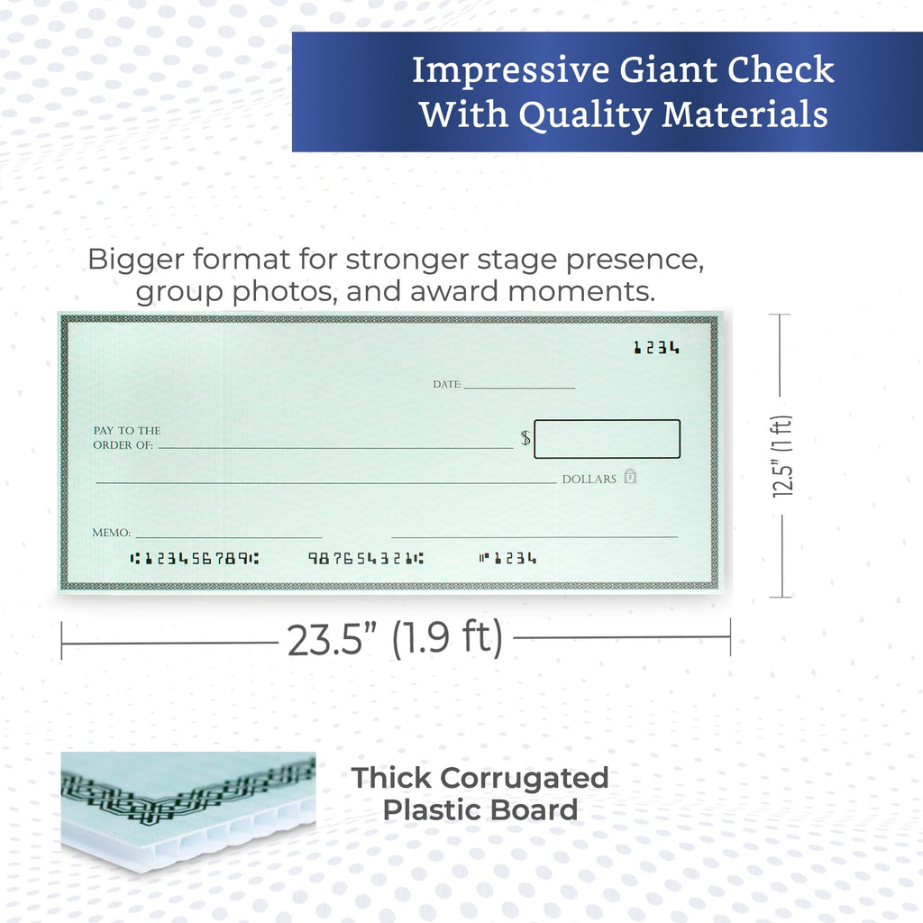 Giant Check (23.5 x 12.5 inches - Medium Size) - Big Checks for Presentations, Awards, Donations, Ceremonies and Events
