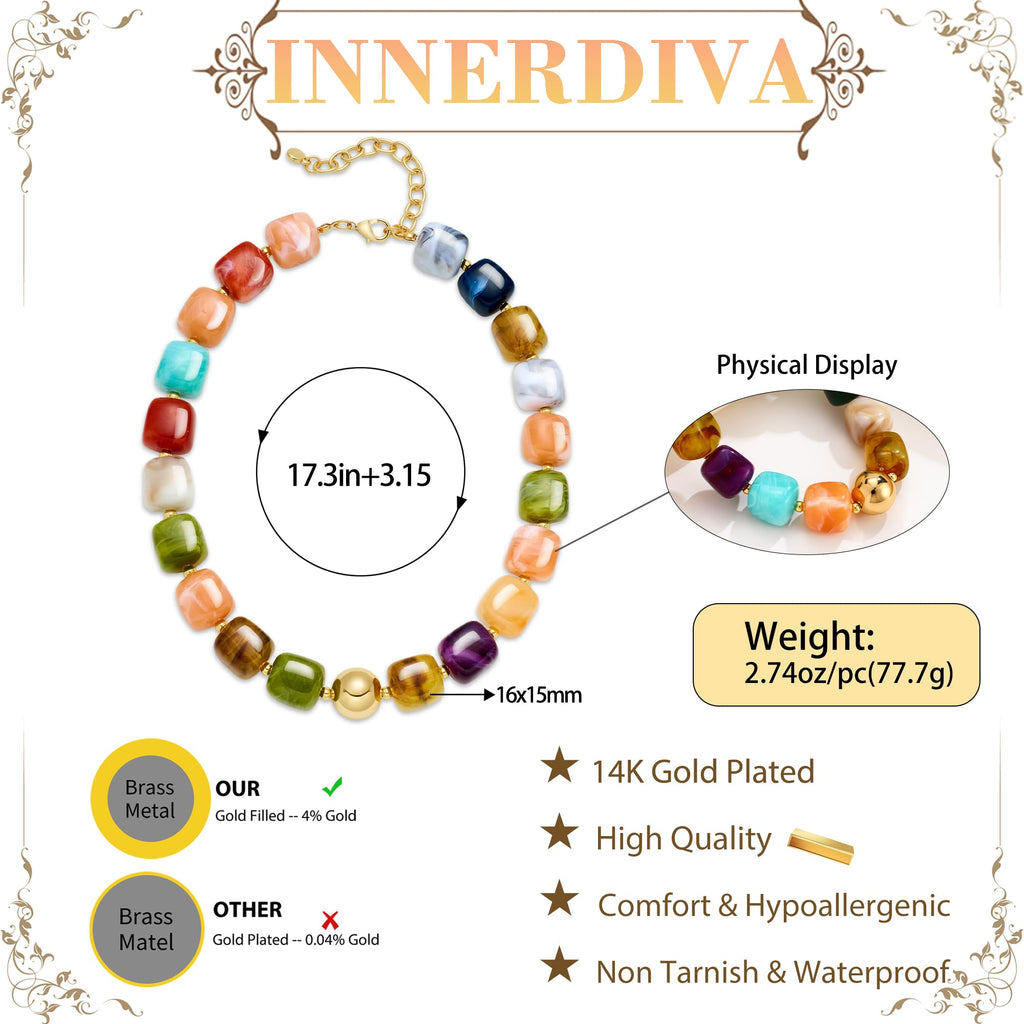 INNERDIVA Chunky Beaded Necklace for Women Colorful Bead Choker Jewelry