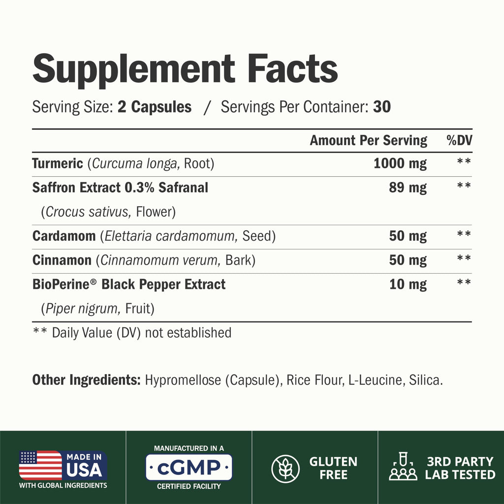 Saffron Supplements – 89mg Saffron Extract, 1000mg Turmeric Curcumin, Ceylon Cinnamon & Cardamom – Daily Mood, Joint & Metabolic Support – Joint Supplements for Women & Men – 60 Capsules, 2 Pack
