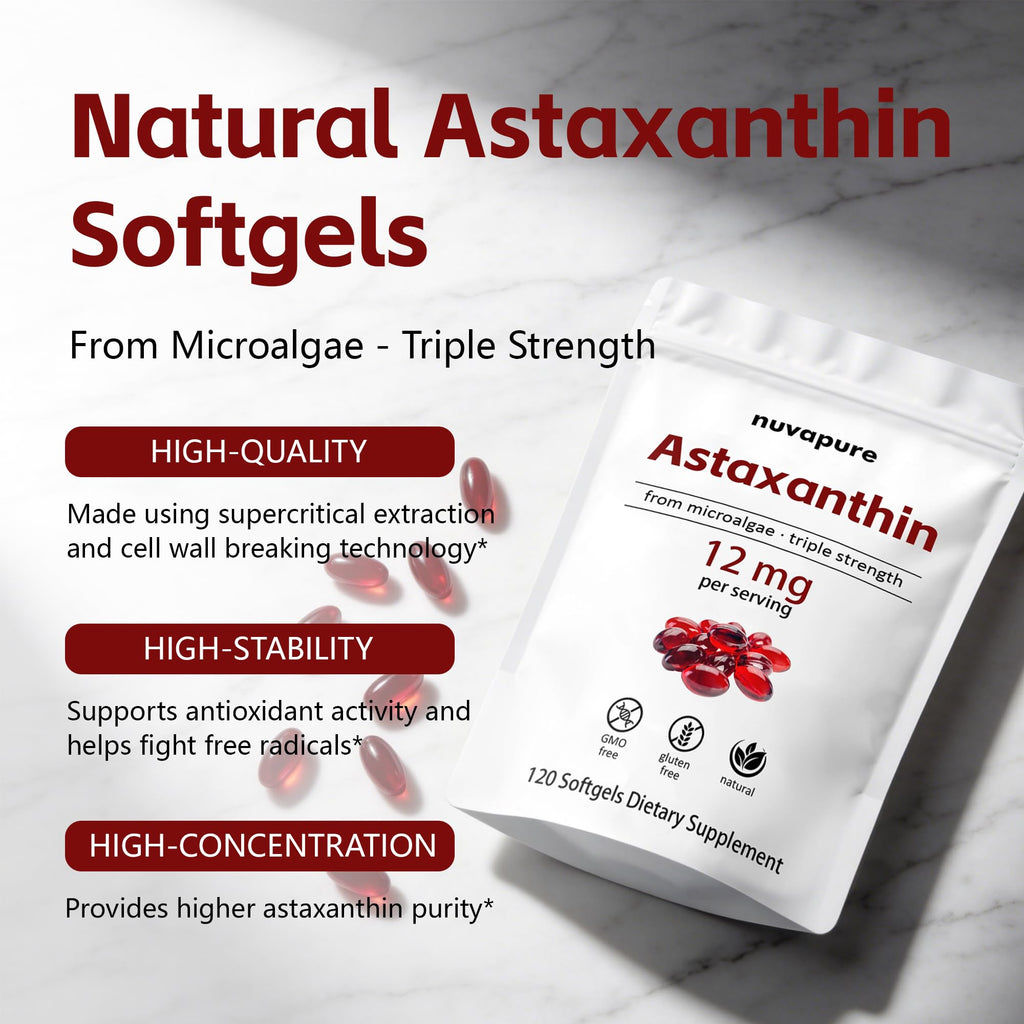 SHAPEGUARD NuvaPure Astaxanthin 12mg Softgels – Triple Strength Astaxanthin from Microalgae, Non-GMO, Gluten Free, Antioxidant Dietary Supplement, 120 Softgels