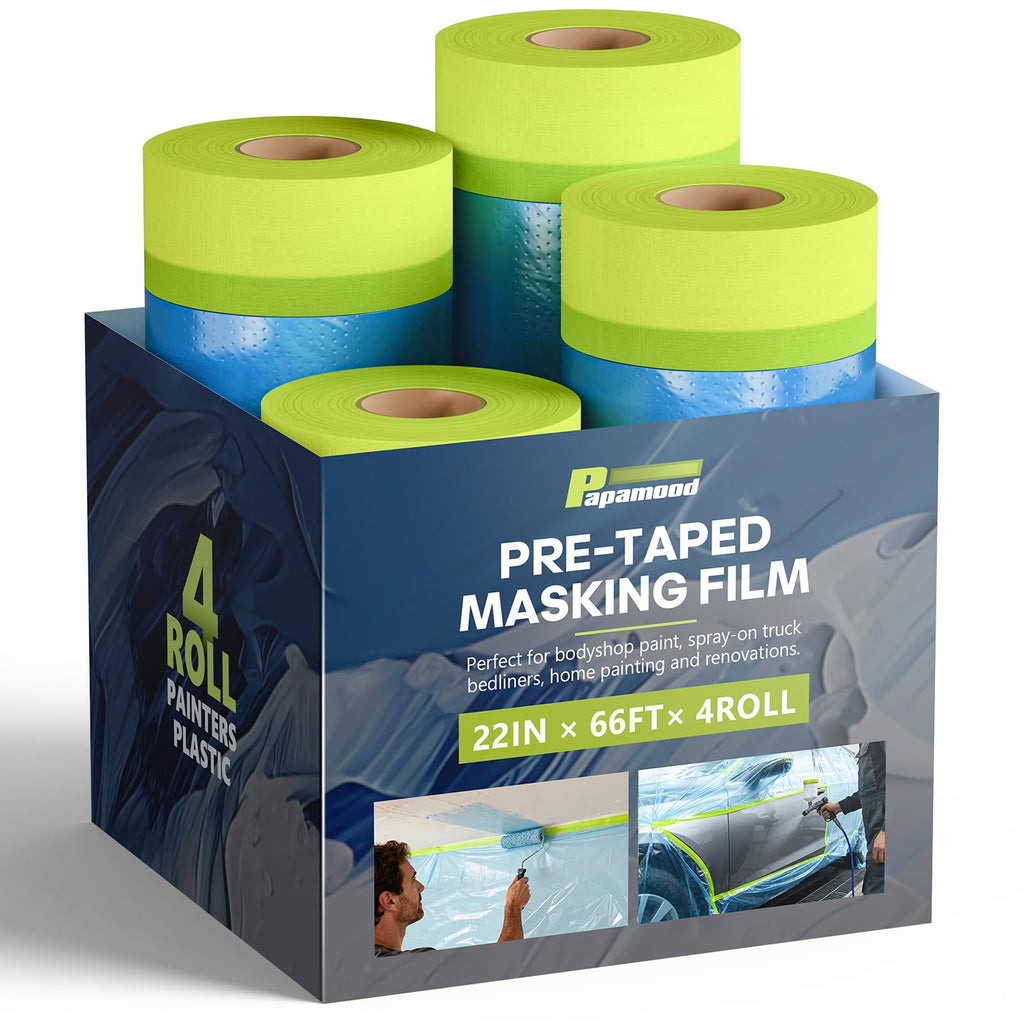 Pre-Taped Masking Film for Painting(4 Rolls) - 22" x 66'Painters Plastic Sheeting with Tape and Drape, Painters Drop Cloth for Automotive & Home, Cover for Walls/Floors/Windows/Cars Protection