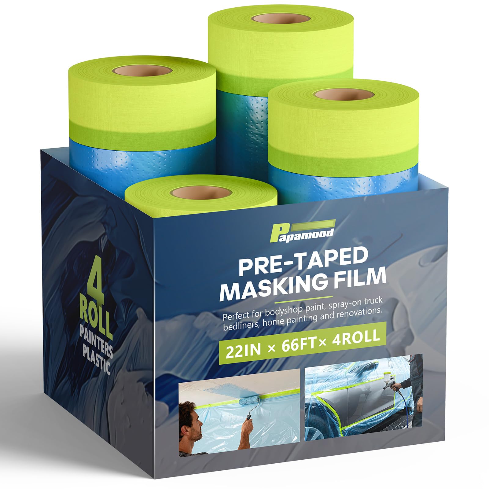Pre-Taped Masking Film for Painting(4 Rolls) - 22" x 66'Painters Plastic Sheeting with Tape and Drape, Painters Drop Cloth for Automotive & Home, Cover for Walls/Floors/Windows/Cars Protection