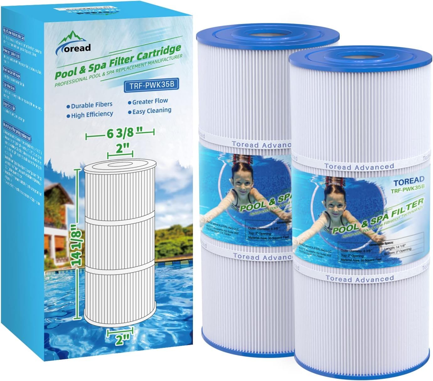 TOREAD PWK35B Replaces Hot Springs Limelight Series Spa Filters, Compatible with Watkins 1642301-1, 78161, 78286, PWK35B, Filbur FC-3921, 35 sq. ft 2pack