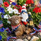 TERESA'S COLLECTIONS 4th of July Highland Cow Gnome Decorations with Solar Lantern, Memorial Day Resin Garden Yak Figurine for Home, Patriotic Independence Day USA 250th Anniversary Outdoor Decor 10"