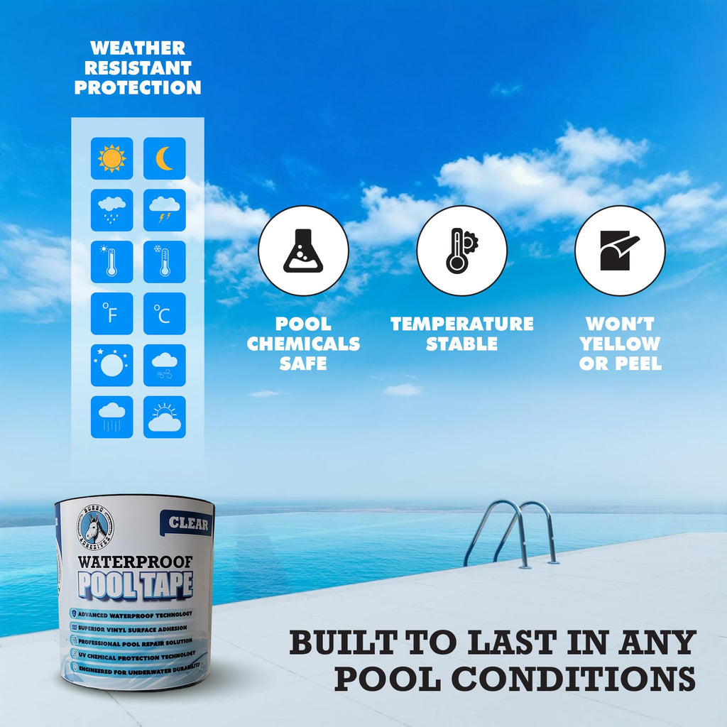 Burro Adhesives Waterproof Clear Pool Tape 4" x 10' - Heavy Duty PVC Vinyl Pool Repair for Underwater & Dry Applications, Commercial & Residential Pools, Instantly Seals Leaks