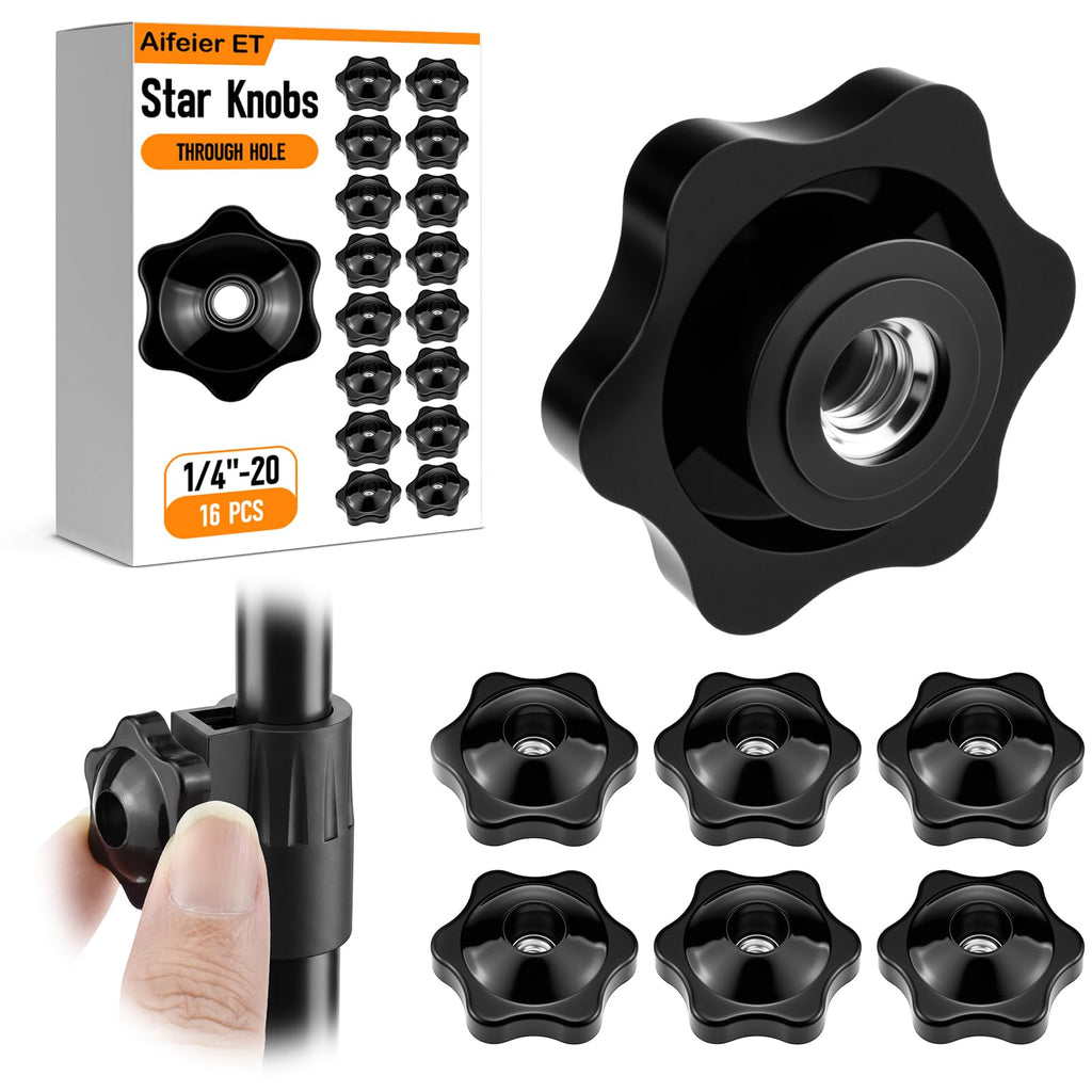 Aifeier ET 16 Pcs 1/4"-20 Inch Knob | Black Nylon Screw-On Type Thru Threaded Nuts | 6-Star Shape Hand Tighten Clamping Knobs (0.25"/6.35mm)