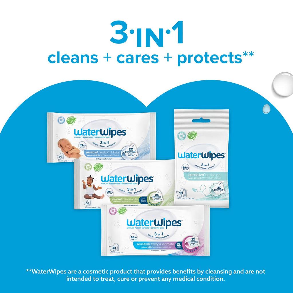 WaterWipes Sensitive+ Newborn & Baby Wipes, 3-In-1 Cleans, Cares, Protects, 99.9% Water, Unscented & Hypoallergenic, 300 Count (5 Packs)