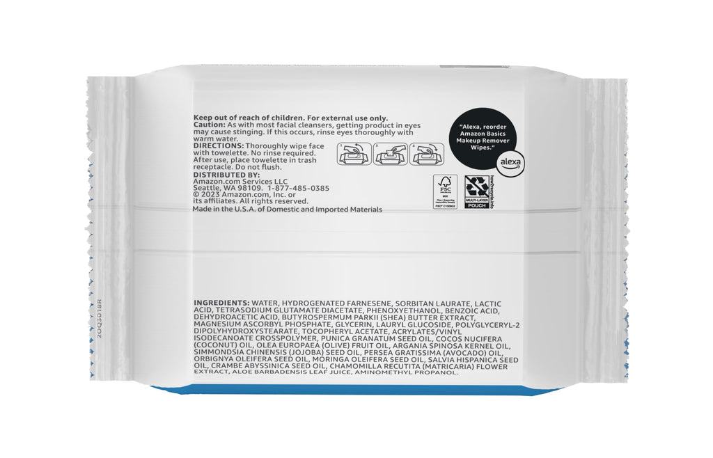 Amazon Basics Makeup Remover Wipes, Formulated without Fragrance and Alcohol-Free, Gentle Cleansing, Removes Waterproof Mascara, Dermatologist Tested, 25 Count, Pack of 6