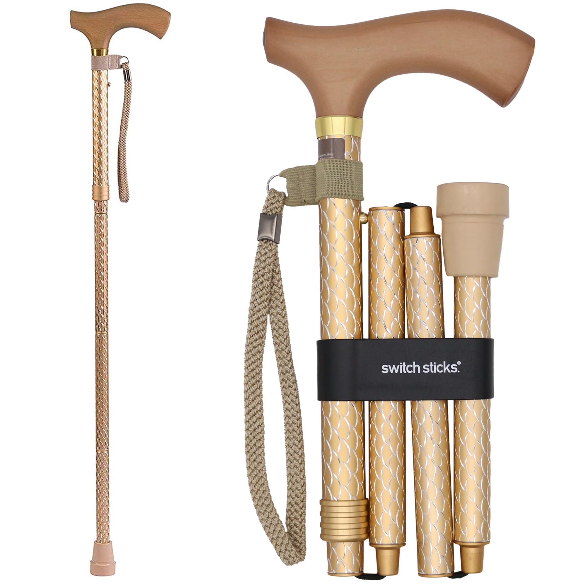 Switch Sticks Folding Walking Cane For Women & Men - Adjustable 32-37 In, Lightweight With Ergonomic Wood Handle, Slip-Resistant Rubber Tip Supports 264 Lbs - Canes For Women For Stability (FSA/HSA)