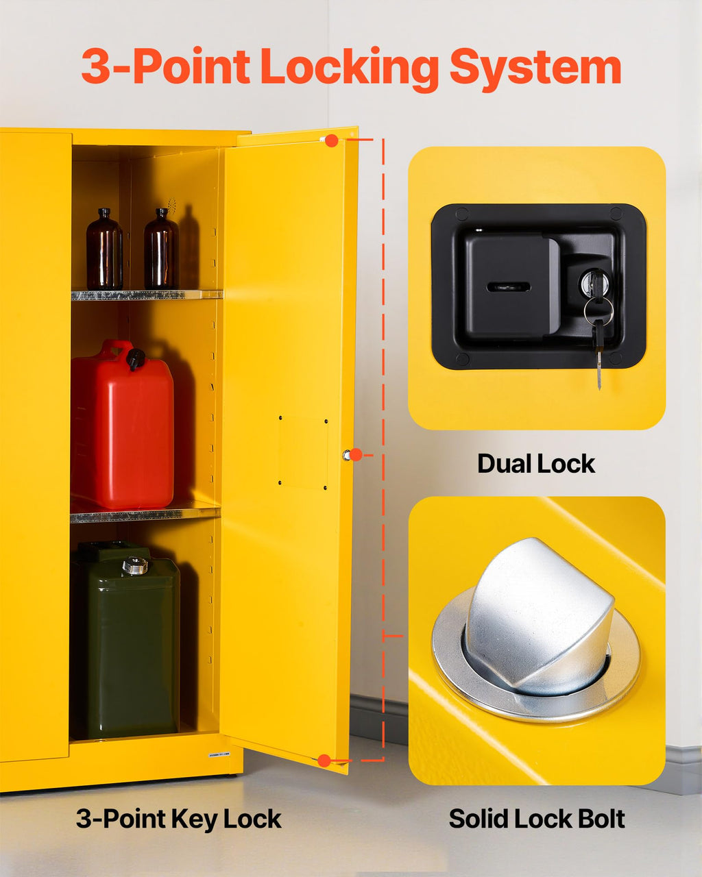 VEVOR Flammable Cabinet 34" x 38" x 65", 65 Gallon Flammable Storage Cabinet with Adjustable Shelf, Cold-Rolled and Galvanized Steel Fire Cabinets, for Commercial Industrial Home Use, Yellow