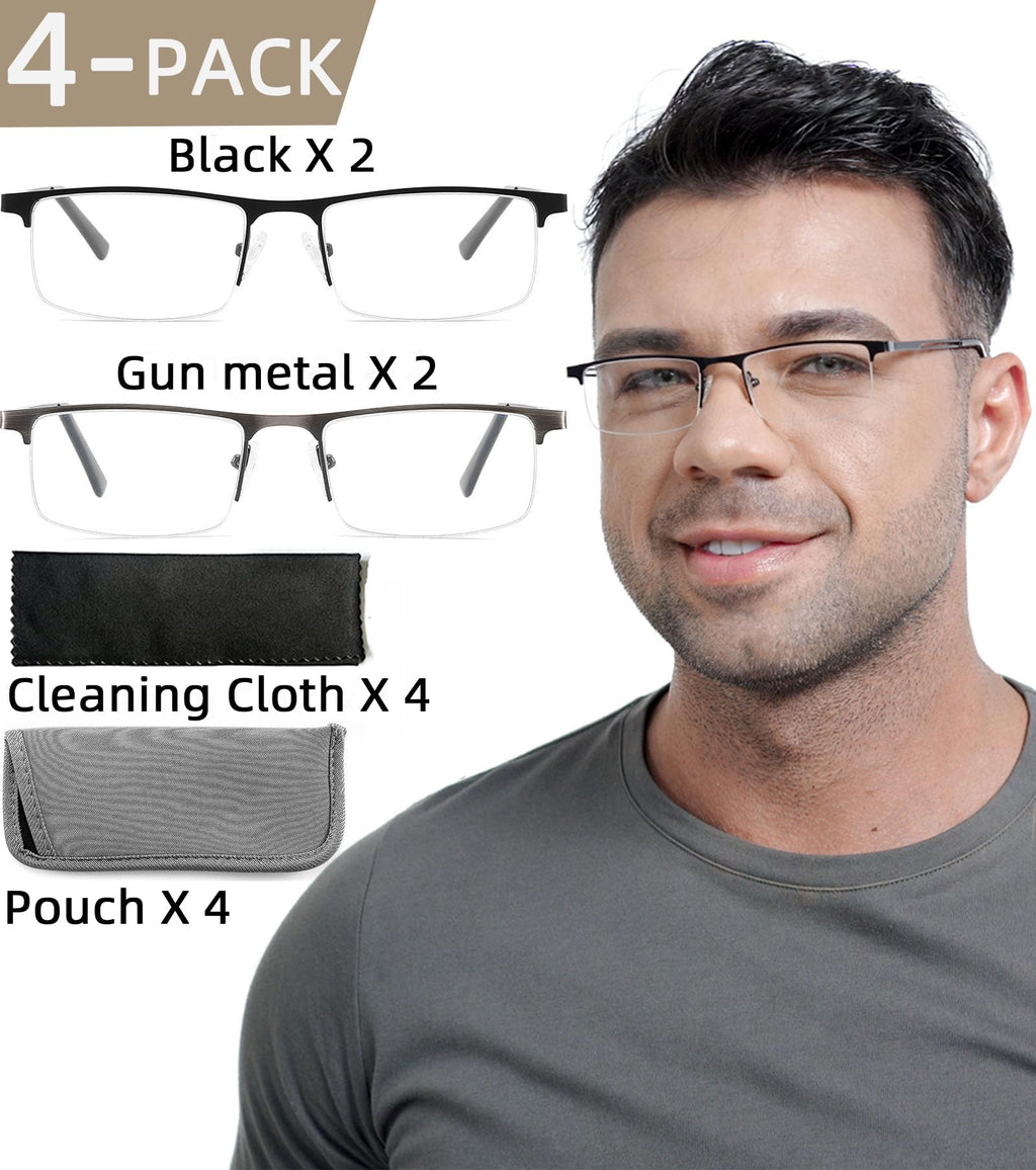 DILLY VISION 4-Pack Reading Glasses for Men,1.75 Blue Light Blocking Reading Glasses Mens Metal Readers with Spring Hinges Anti Glare/eye Strain