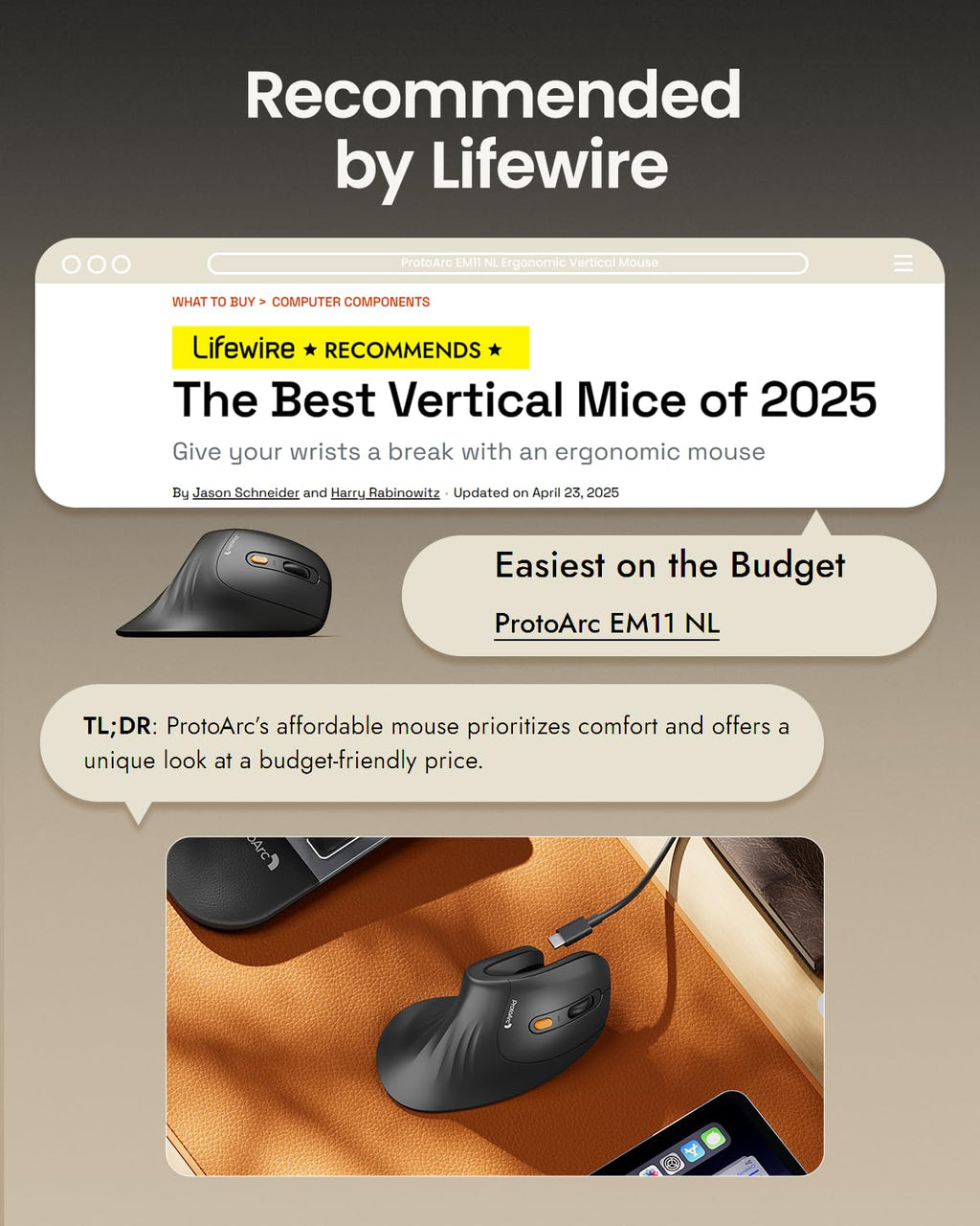 ProtoArc EM11 NL Wireless Ergonomic Vertical Mouse, Rechargeable, Black