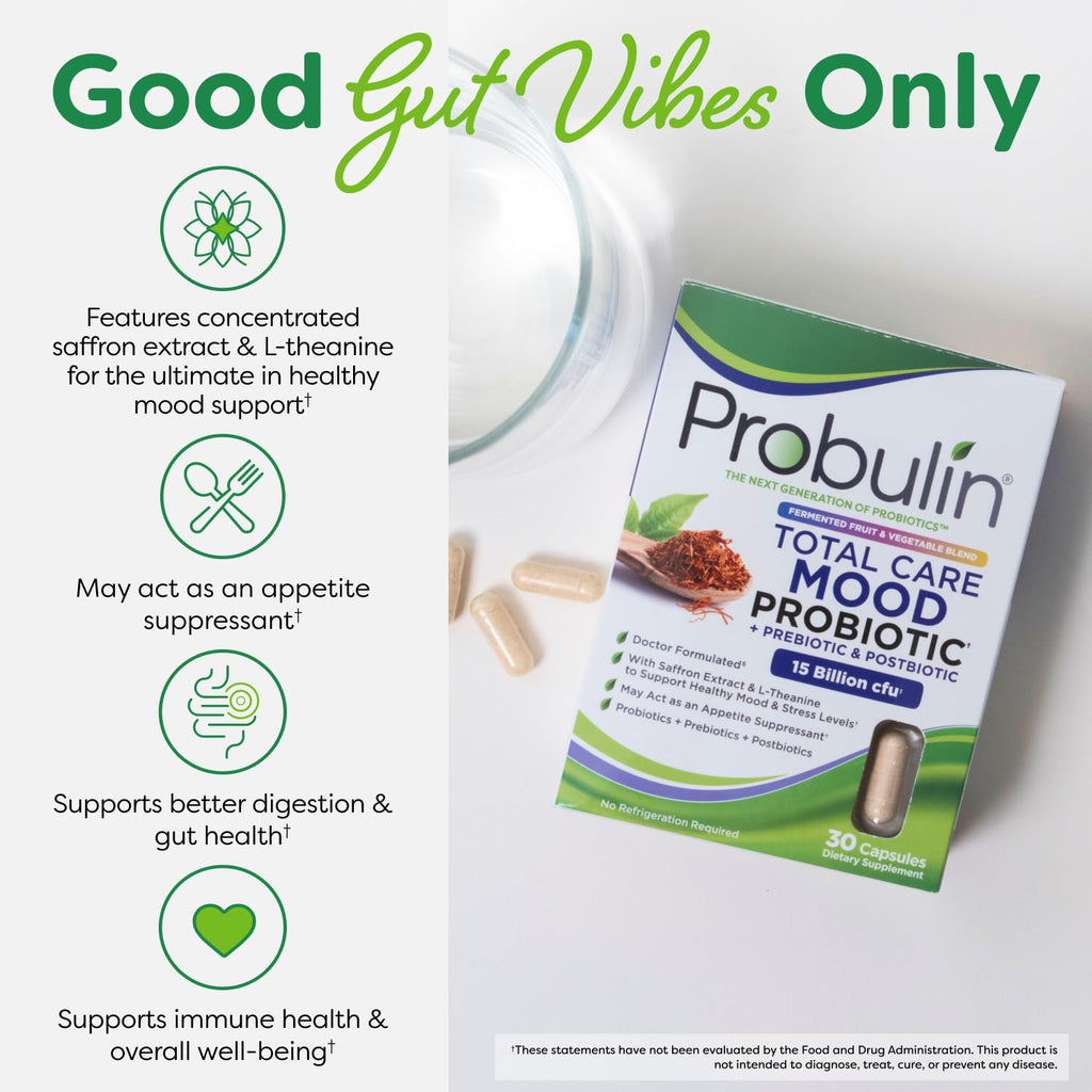 Probulin Mood Probiotics for Women with Saffron, L Theanine, Probiotic, Prebiotic, Postbiotic - Mood Support Supplement & Gut Support - Vegan, Non GMO, 30 Capsules