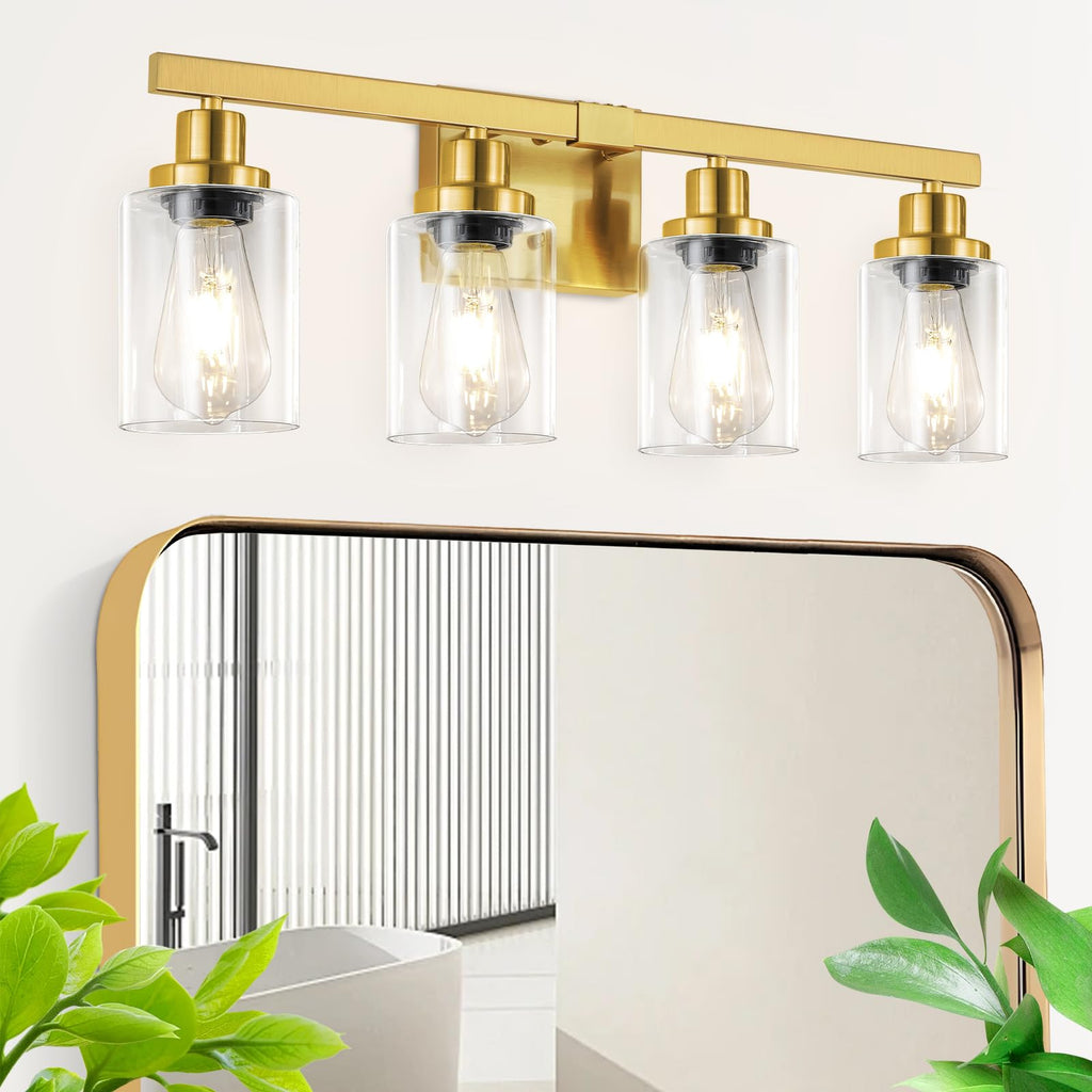 DIKAIDA Bathroom Vanity Light, 4-Light Modern Matte Gold Wall Sconce Lighting with Clear Glass Shade, Black Wall Lights,Bath Vintage Wall Mounted Lamps for Mirror Bedroom Living Room