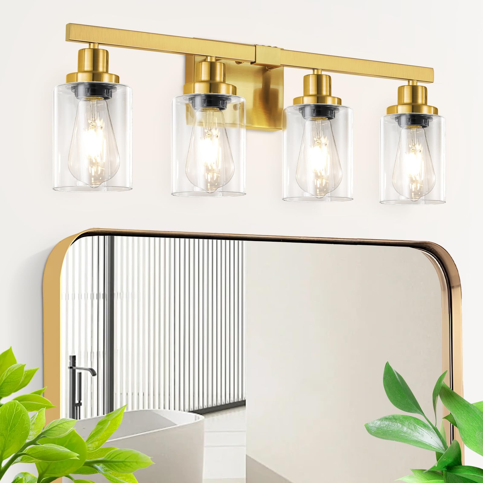 DIKAIDA Bathroom Vanity Light, 4-Light Modern Matte Gold Wall Sconce Lighting with Clear Glass Shade, Black Wall Lights,Bath Vintage Wall Mounted Lamps for Mirror Bedroom Living Room