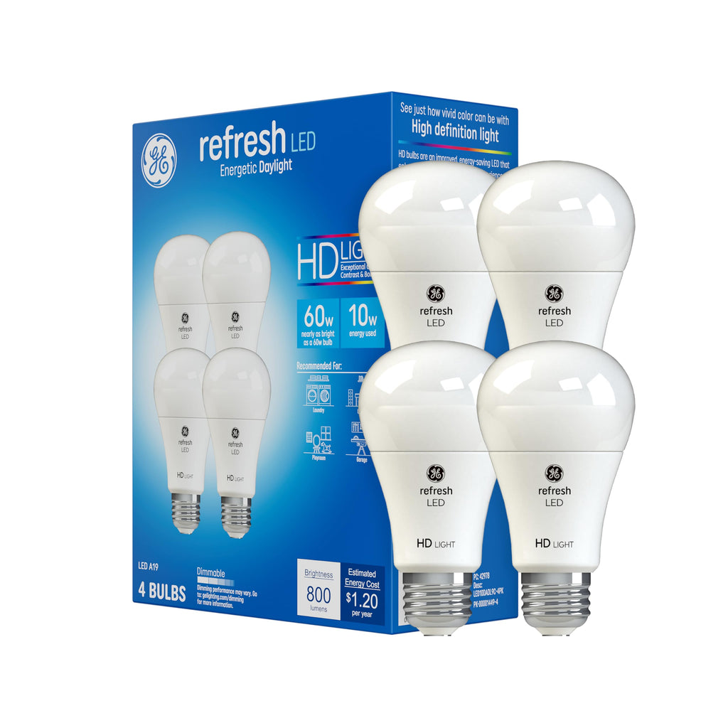 GE Refresh A19 LED Light Bulbs, Daylight, 60W Eqv, 4 Pack