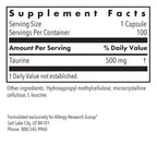 Allergy Research Group ARG Taurine 500 mg - Free Form Amino Acid Supplement - Heart & Electrolyte Support - Cellular Energy & Nervous System - Hypoallergenic - 100 Servings - 100 Capsules