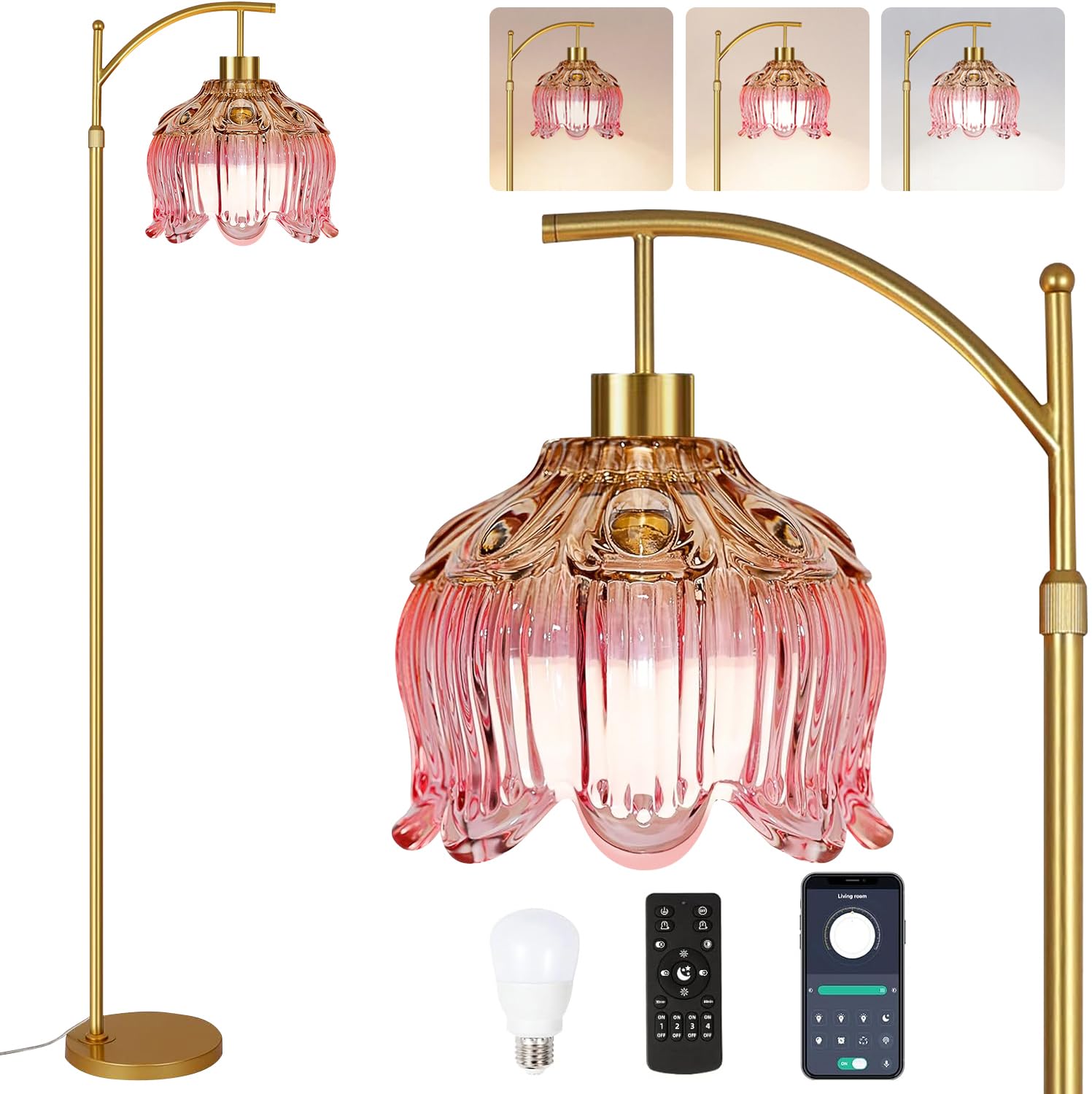 ILLMTW Pink Floor Lamp for Living Room,Bedroom,Glass Mid Century Modern Standing Lamp with Remote,Dimmable Gold Brass Tall Lamp Tulip Flower Arc Floor Light Boho Bohemian
