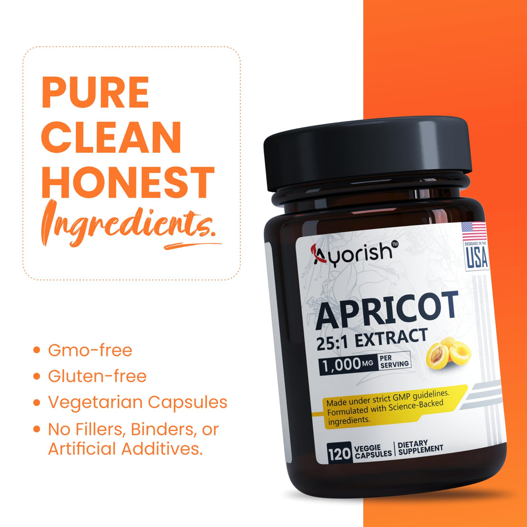 Ayorish Apricot Extract 25:1, 500 mg per Capsule 1000 mg Per Servings Immune Support Herbal Supplements (Pack of 1) (120 Capsules)