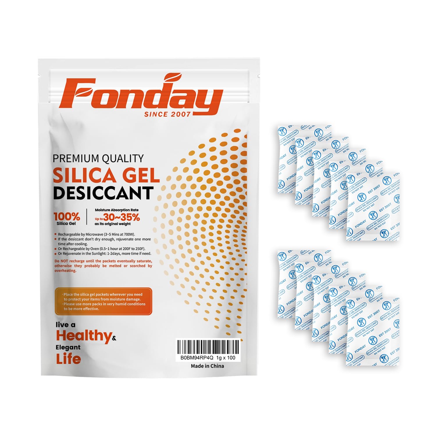 1 Gram 100 Packets Fonday Food Grade Silica Gel Desiccant Packs