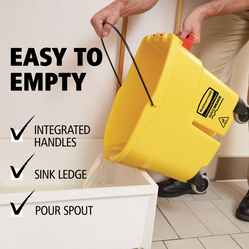 Rubbermaid Commercial Products WaveBrake 35 QT Down-Press Mop Bucket and Wringer Combo on Wheels, Yellow, for Professional/Industrial Heavy-Duty Floor Cleaning