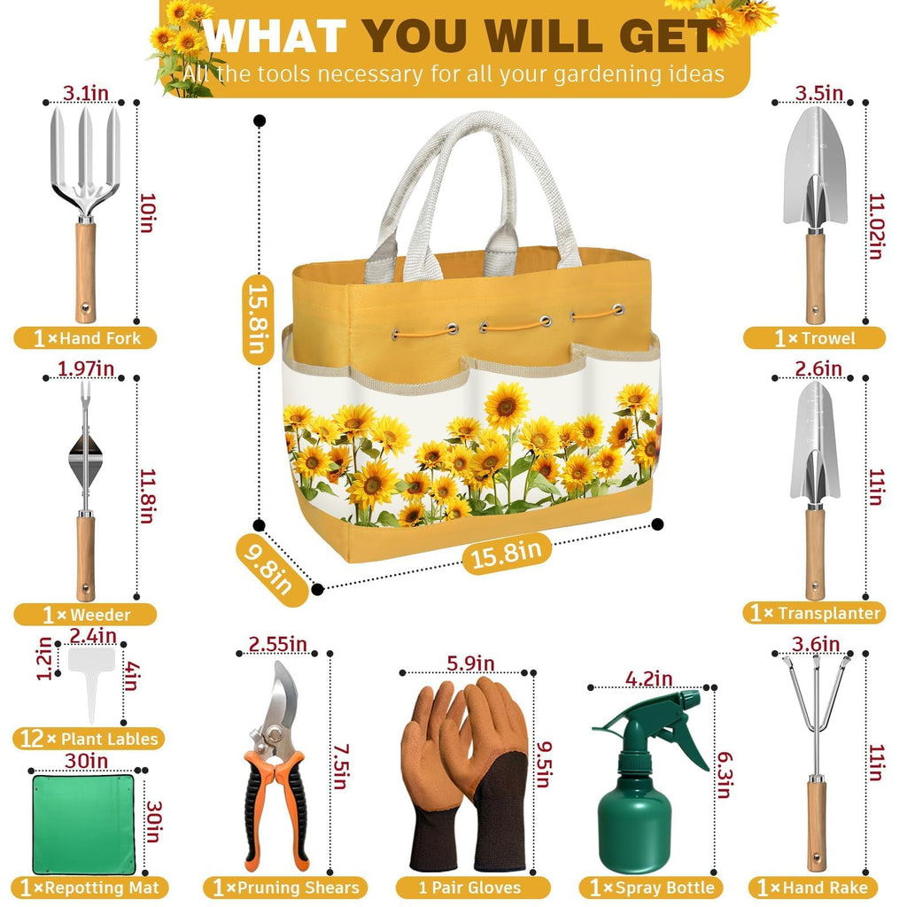 22Pcs Gardening Tools Set for Women Heavy Duty Garden Hand Tool Kit,Birthday Gifts for Mom Wife Grandma Beginner,Gardening Accessories with Sunflower Tote Bag/Shovel/RepottingMat/Plant Labels/Gloves