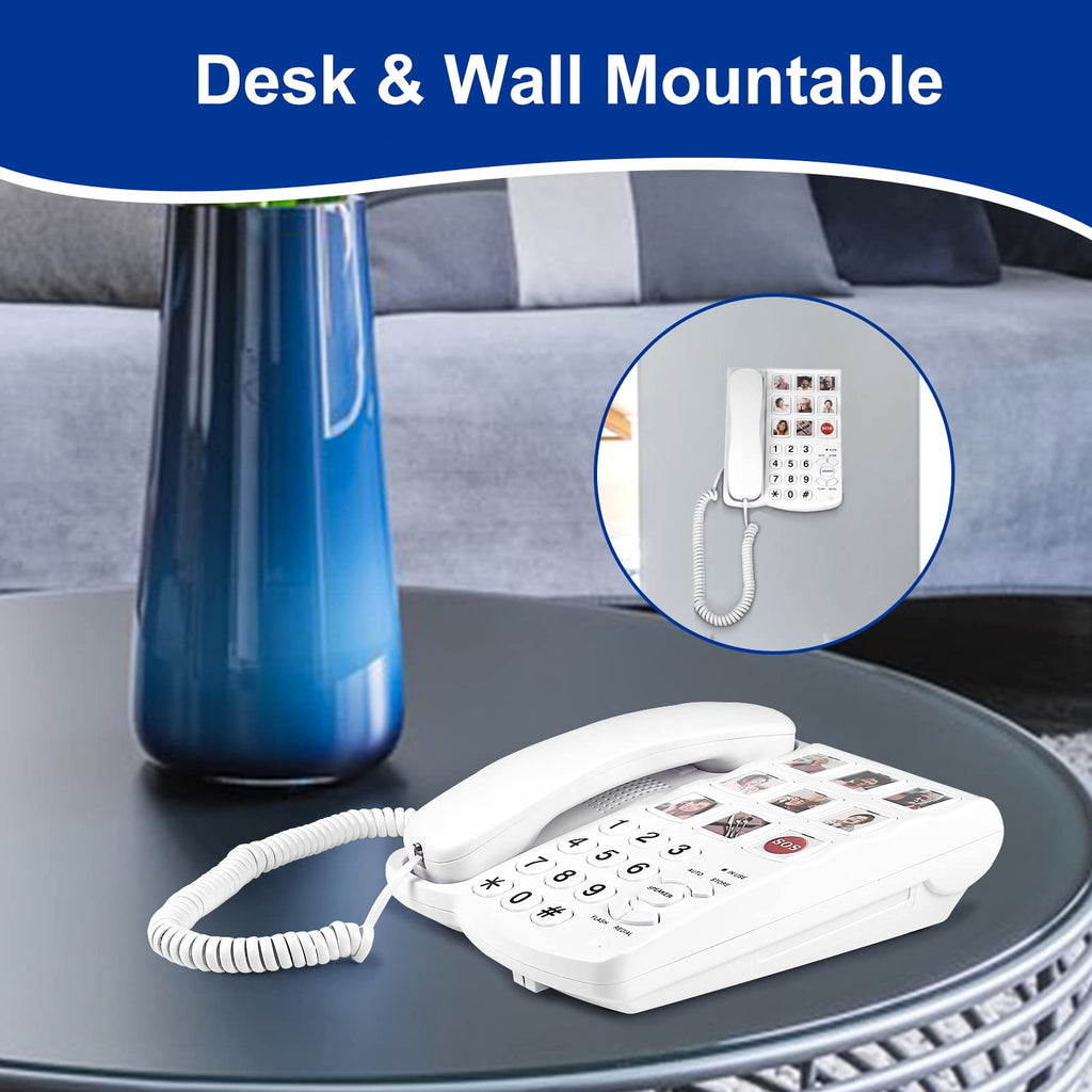 Big Button Phone for Seniors, 9 Pictured Big Buttons,Extra Loud Ringer,Wired Simple Basic Landline Telephone for Visually Impaired Old People with Large Easy Buttons, Emergency House Phones