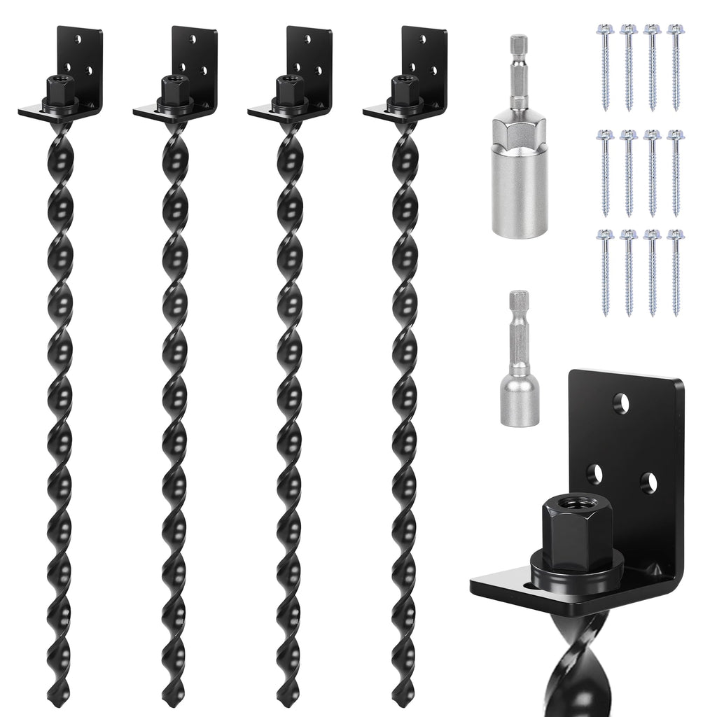 24" Heavy Duty Ground Anchors Screw in, Set of 4 Mobile Home Anchors, Multi-Purpose Earth Anchors with Brackets and Adapter for Drill, Ideal for Mobile Homes, Storage Sheds and Carports(Black)
