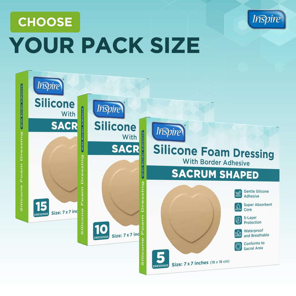 Inspire Sacral Silicone Foam Dressing Large Waterproof Bandages for Wounds, Burns & Bed Sores Safe for Sensitive Skin, Adhesive Pad Sacrum Dressings for Post-Surgery Wound Care (7 x 7 in) (15 Pack)