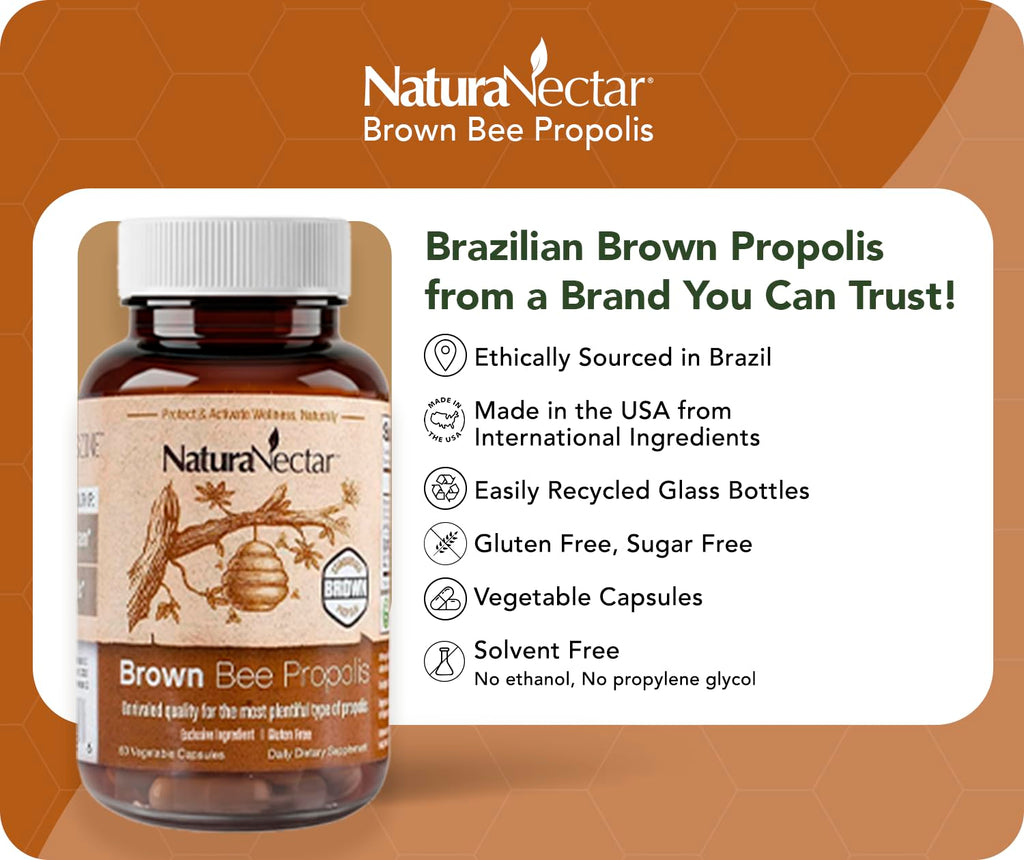 NaturaNectar - Brown Bee Propolis - NSF Contents Certified - Premium Brazilian Propolis - Gluten-Free Supplement with Flavonoids, FLAV-B and PWE - Naturally Sourced Through Ethical Beekeeping (60pcs.)