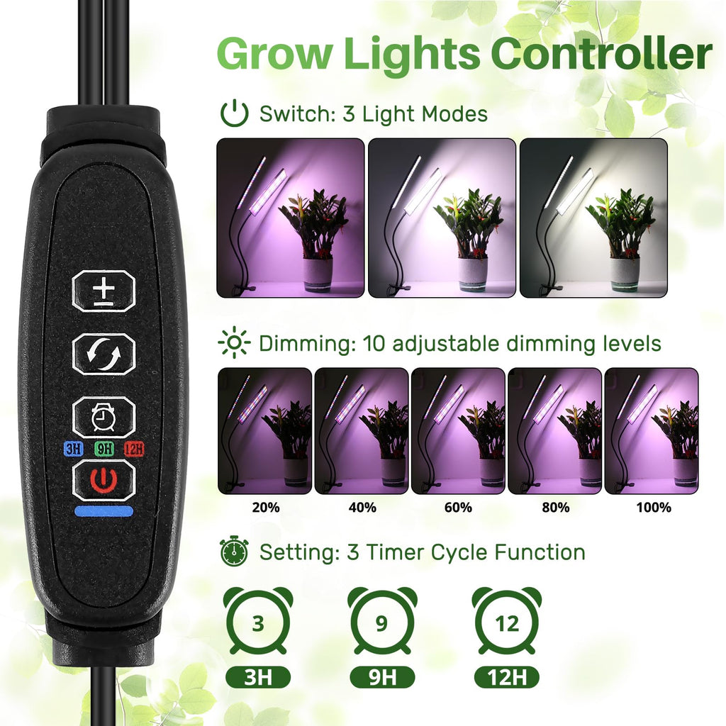 TONYFUL LED Grow Light 20W, 240 LEDs Full Spectrum Clip Plant Growing Lamp with White Red LEDs for Indoor Plants, Indoor Plants Growing Lamps,10 Dimmable Levels, Auto ON & Off with 3/9/12H Timer